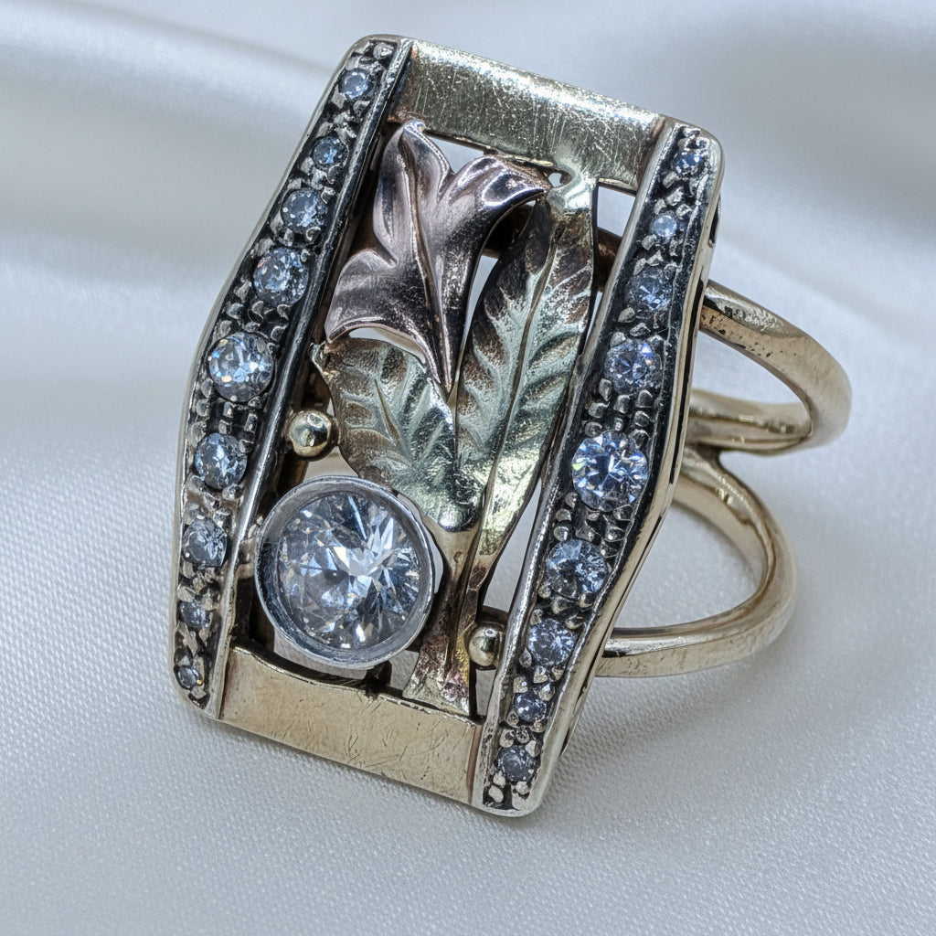 14K Tri-Color Gold & Diamond Hibiscus Statement Ring