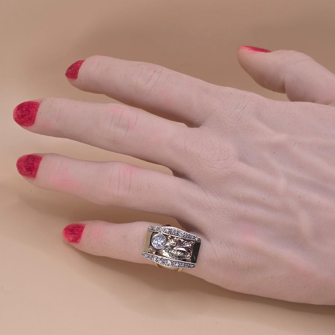 14K Tri-Color Gold & Diamond Hibiscus Statement Ring