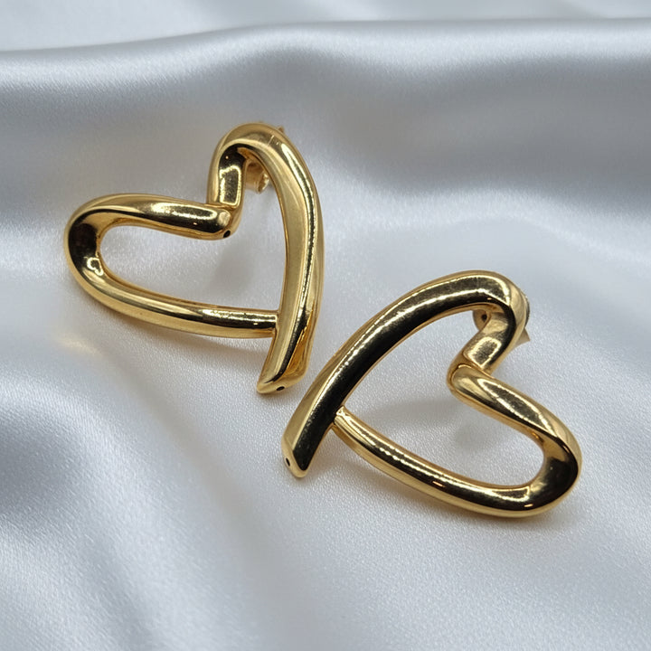18K Gold Large Open Asymmetrical Heart Stud Earrings
