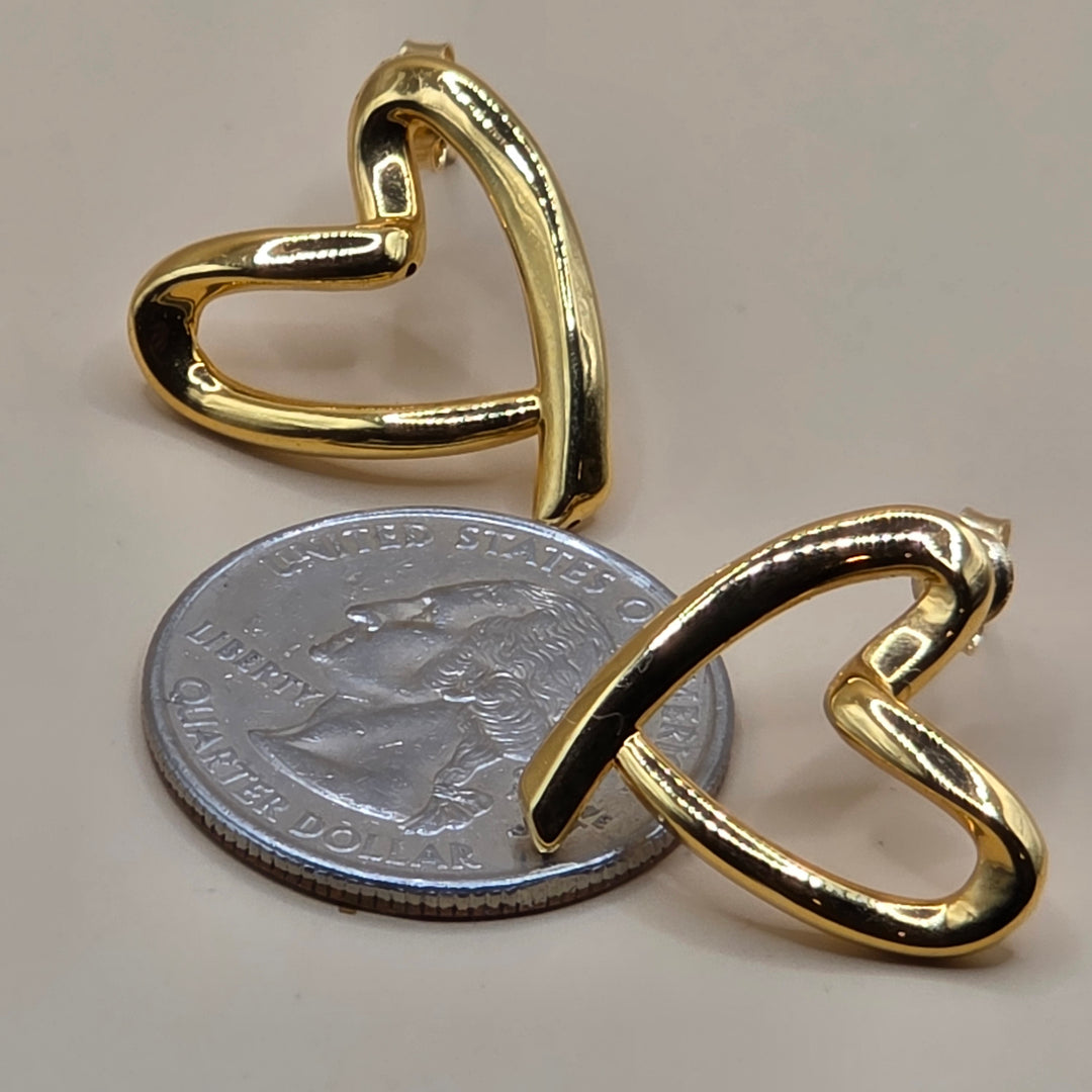 18K Gold Large Open Asymmetrical Heart Stud Earrings