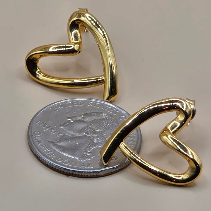18K Gold Large Open Asymmetrical Heart Stud Earrings