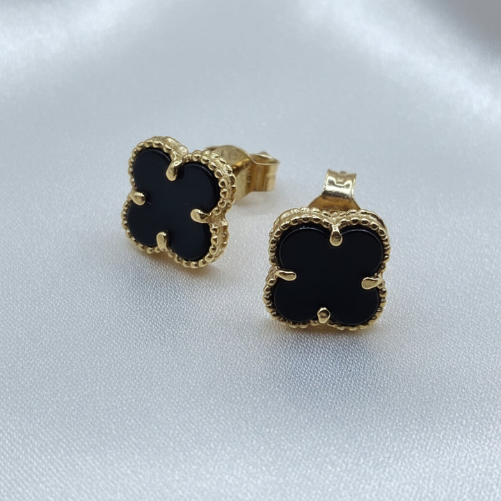 18K Gold w Black Enamel Van Cleef & Arpels Style Stud Earrings