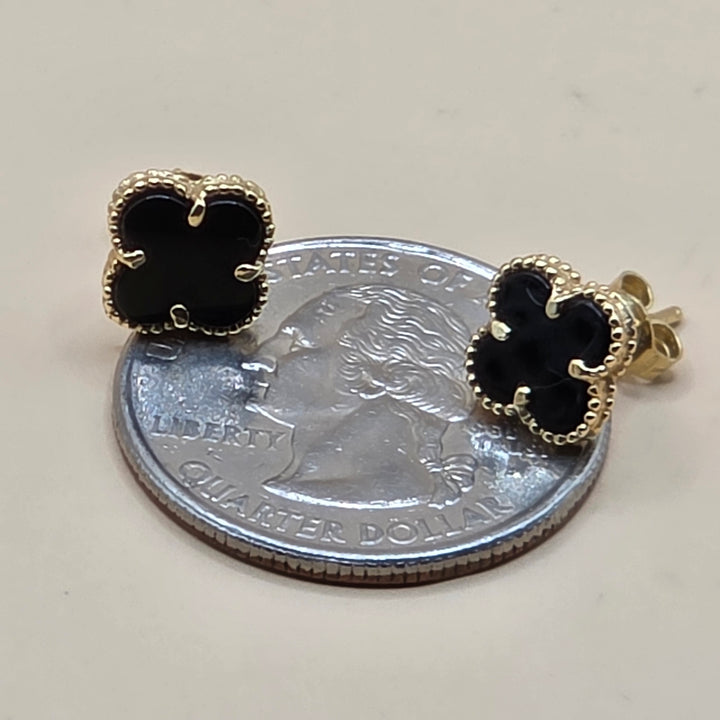 18K Gold w Black Enamel Van Cleef & Arpels Style Stud Earrings