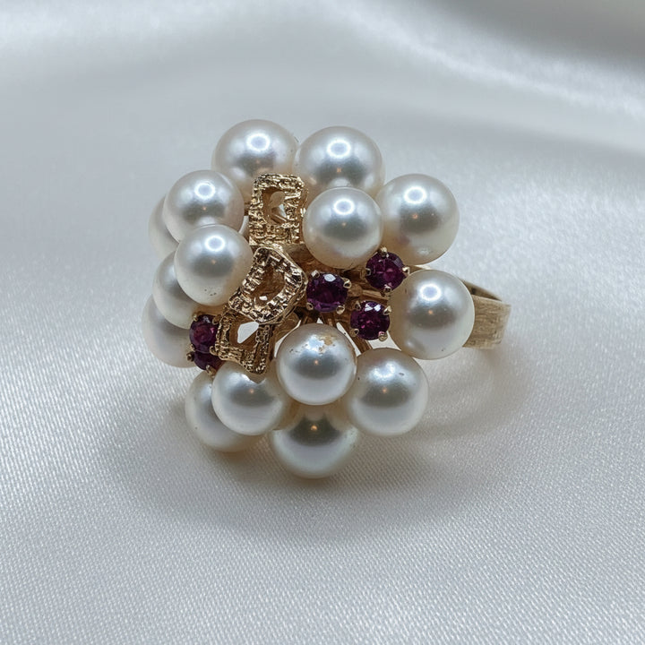 14K Gold, Pearl & Ruby Cluster Statement Ring