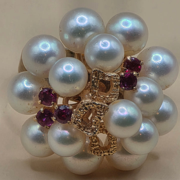 14K Gold, Pearl & Ruby Cluster Statement Ring