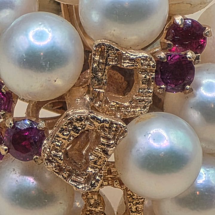 14K Gold, Pearl & Ruby Cluster Statement Ring