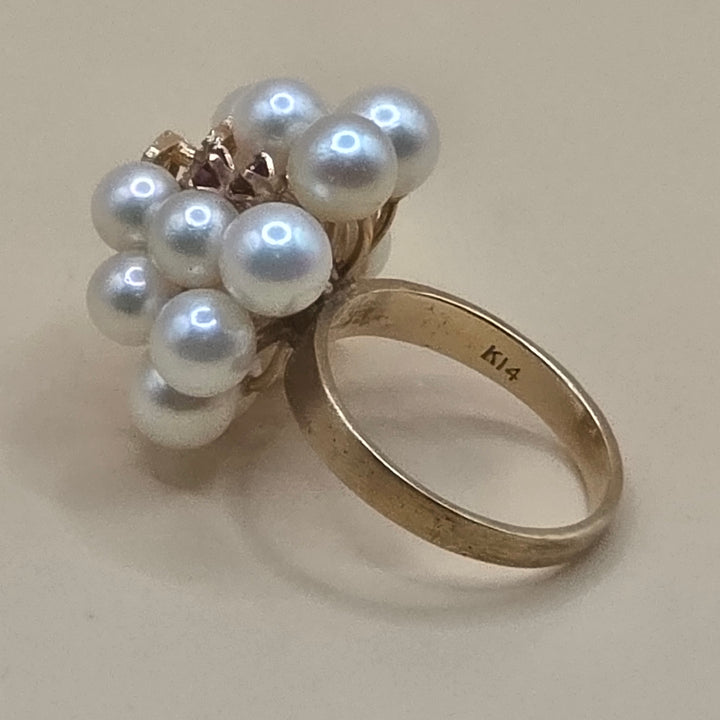 14K Gold, Pearl & Ruby Cluster Statement Ring
