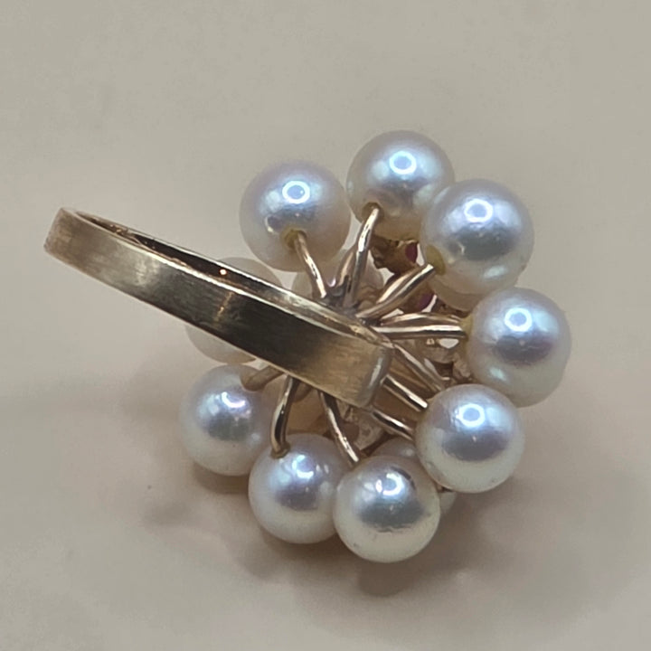 14K Gold, Pearl & Ruby Cluster Statement Ring