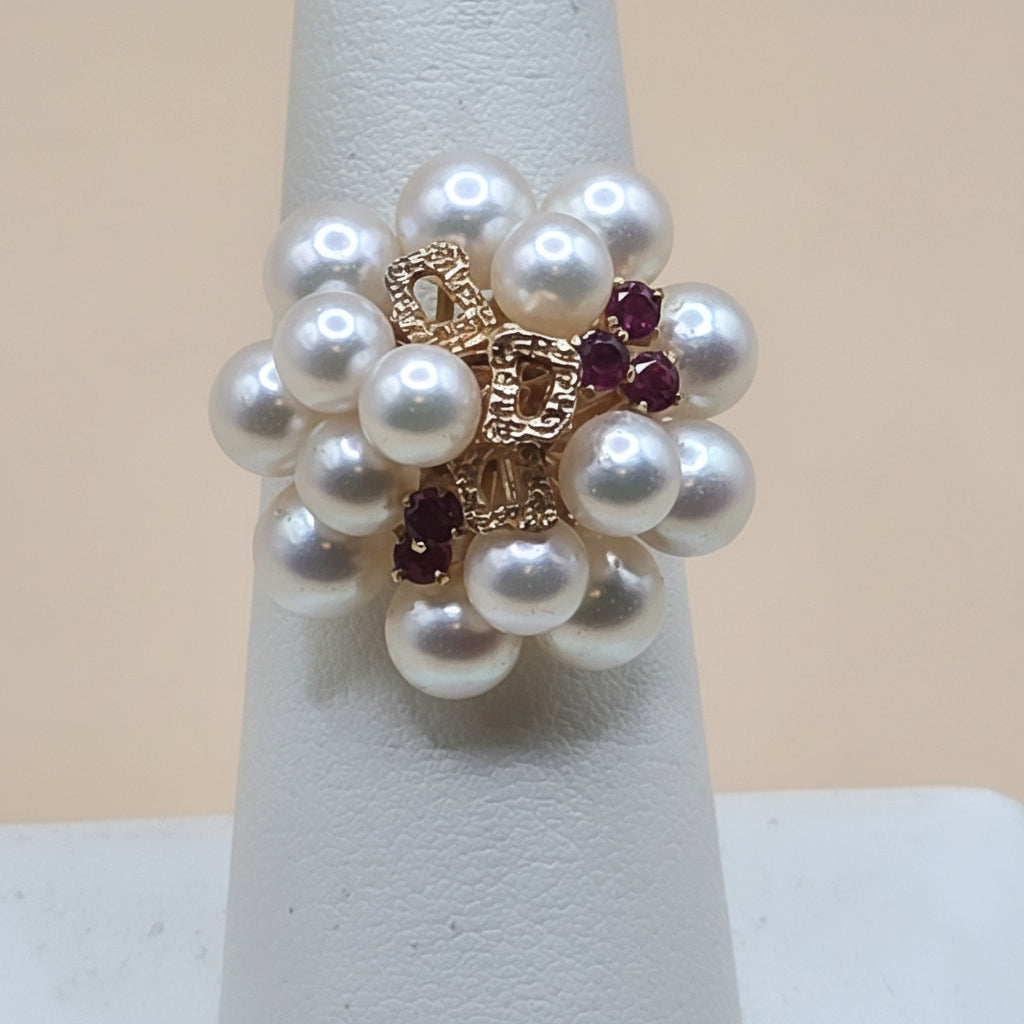 14K Gold, Pearl & Ruby Cluster Statement Ring
