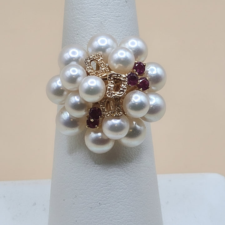 14K Gold, Pearl & Ruby Cluster Statement Ring