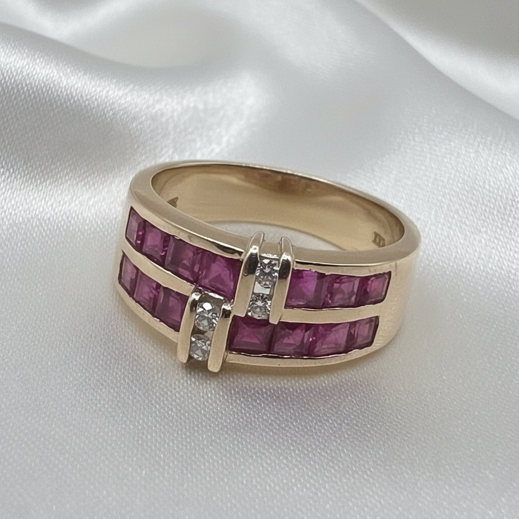 14K Gold, Ruby & Diamond Ribbon Band Ring