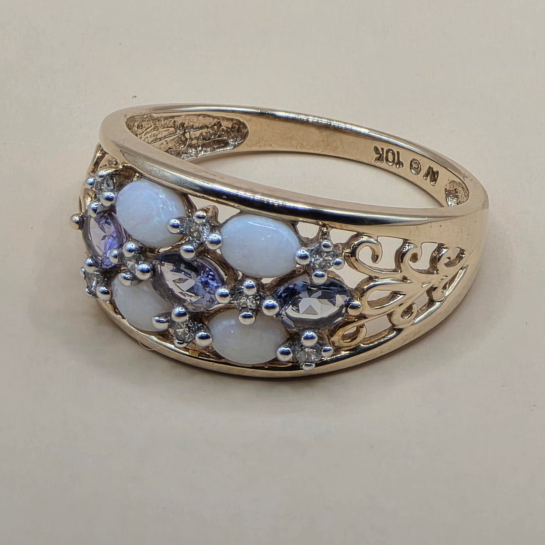 10K Gold, Tanzanite, Opal & Diamond filigree Floral Cluster Ring