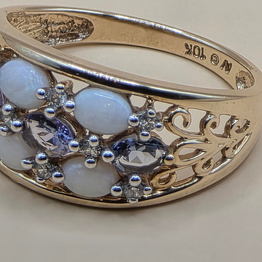 10K Gold, Tanzanite, Opal & Diamond filigree Floral Cluster Ring