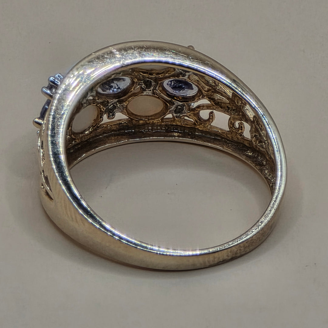 10K Gold, Tanzanite, Opal & Diamond filigree Floral Cluster Ring
