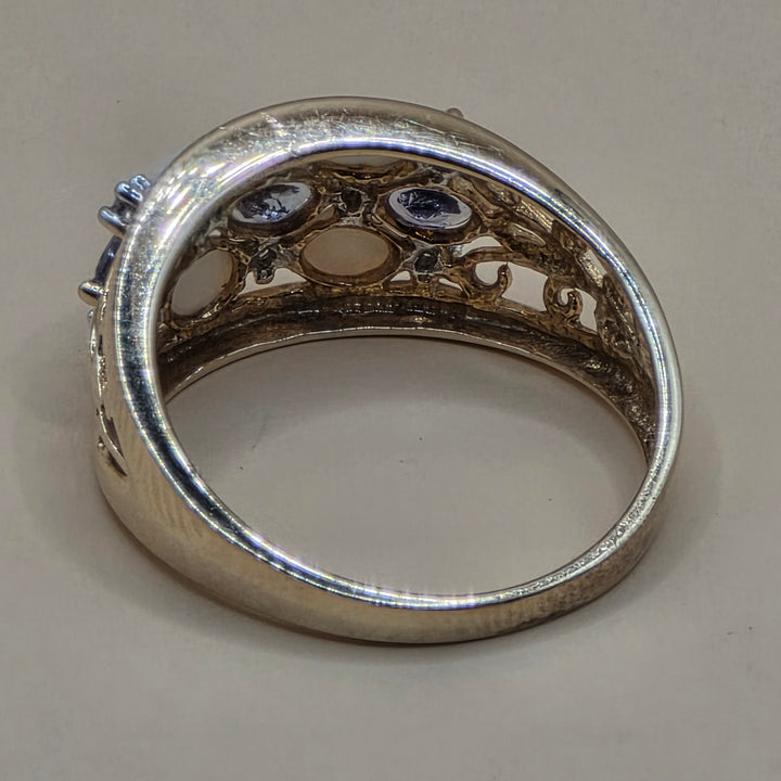 10K Gold, Tanzanite, Opal & Diamond filigree Floral Cluster Ring