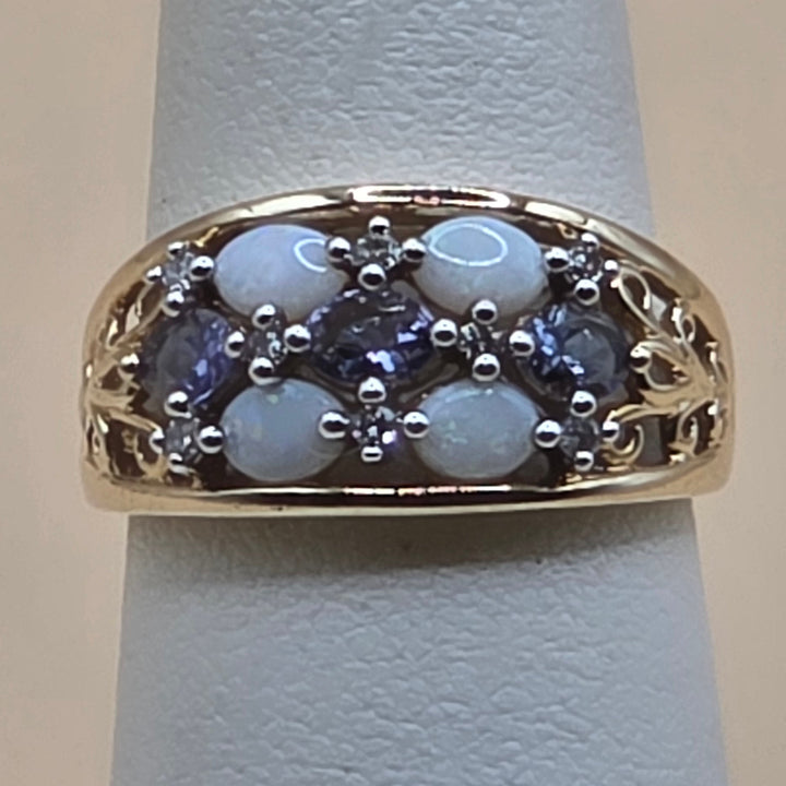 10K Gold, Tanzanite, Opal & Diamond filigree Floral Cluster Ring