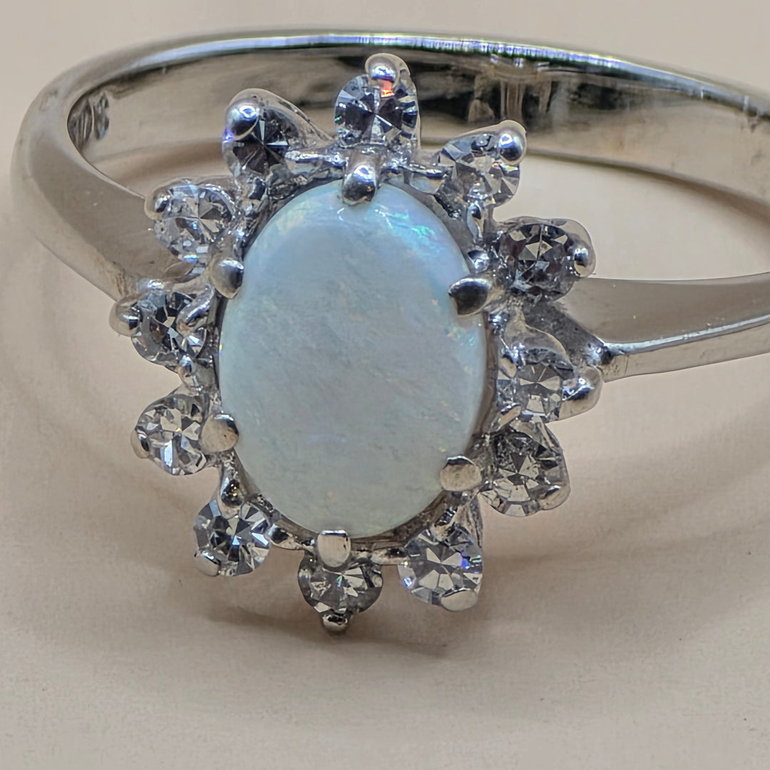 14K Gold, Opal & Diamond Halo Elegant Ring
