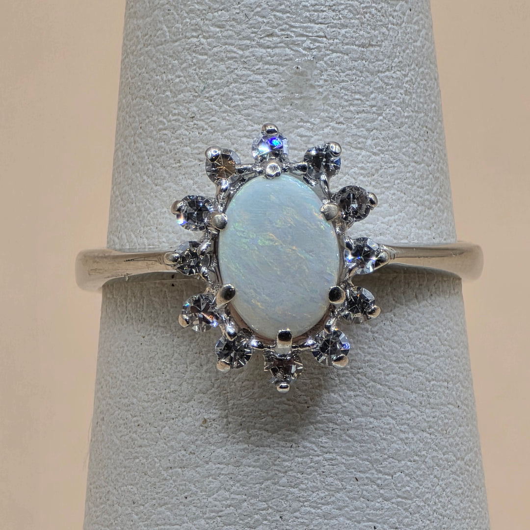 14K Gold, Opal & Diamond Halo Elegant Ring