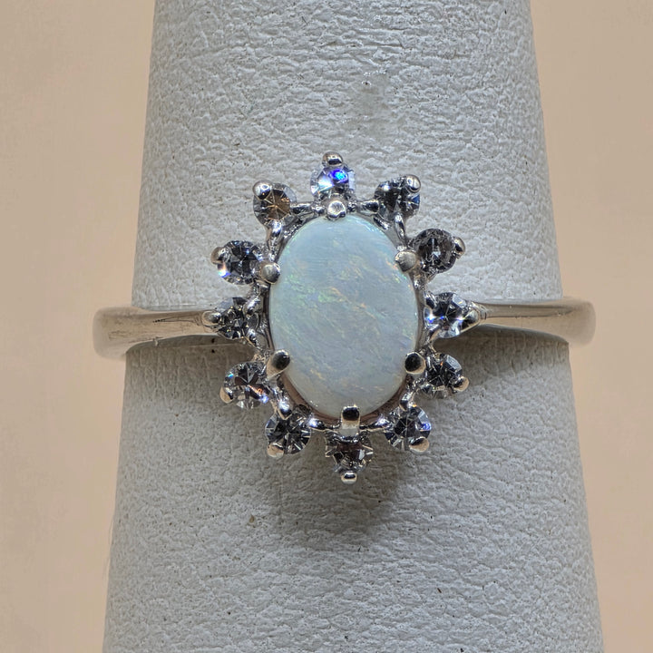 14K Gold, Opal & Diamond Halo Elegant Ring