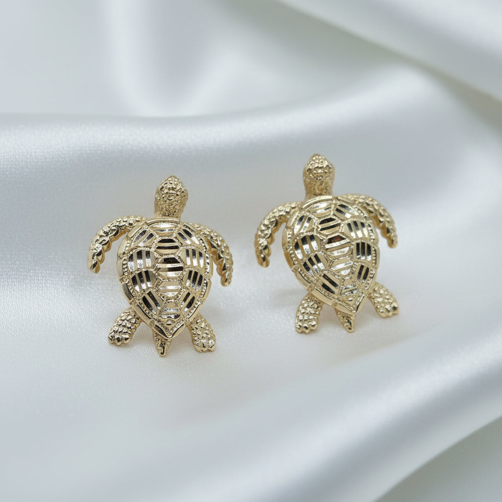14K Gold Articulating Sea Turtle Hanging Stud Earrings