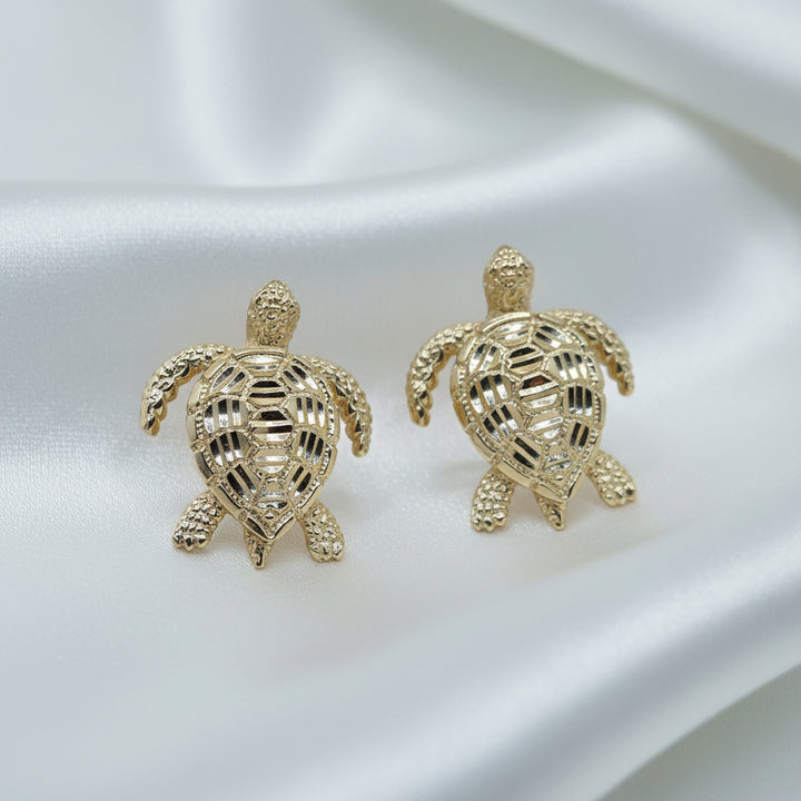 14K Gold Articulating Sea Turtle Hanging Stud Earrings