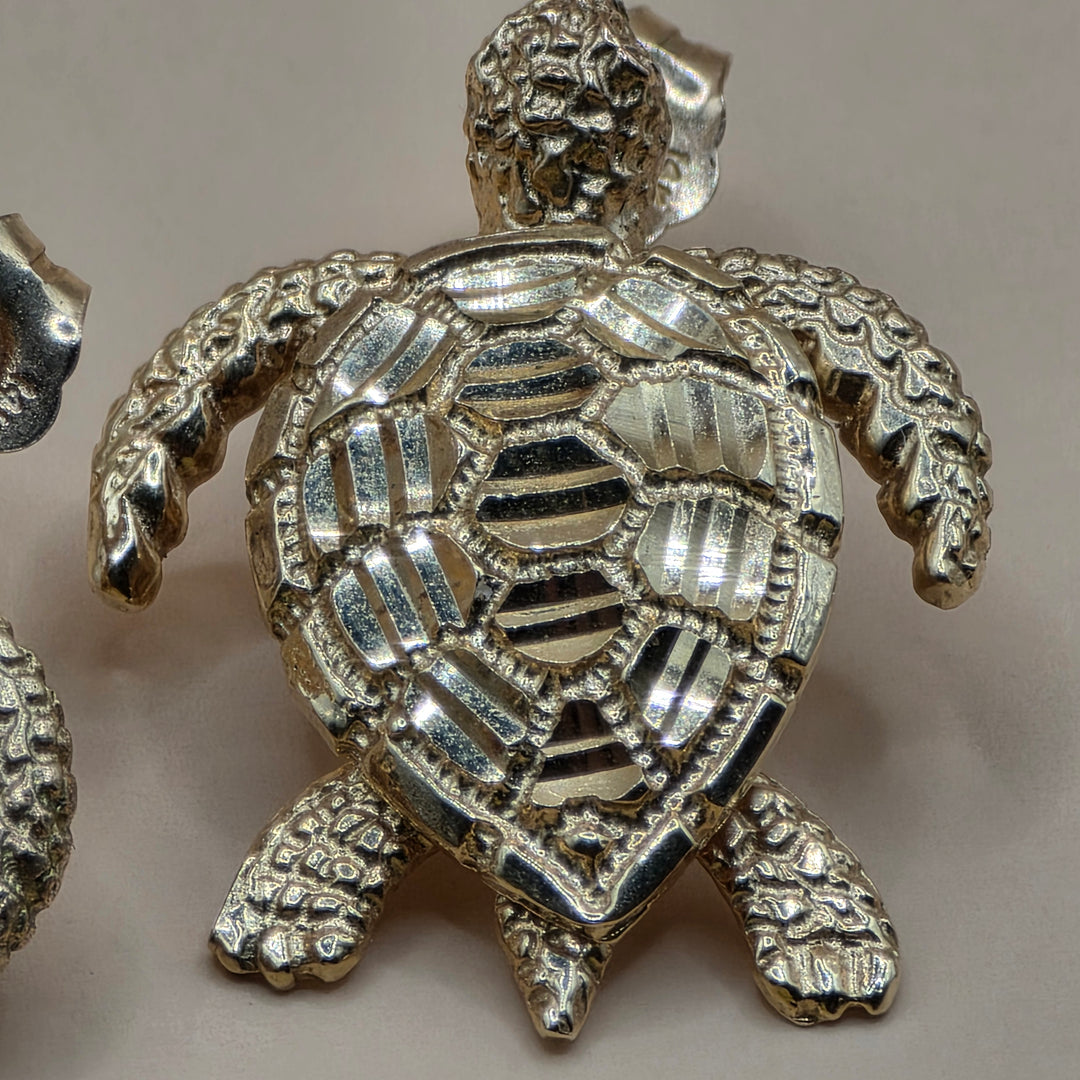 14K Gold Articulating Sea Turtle Hanging Stud Earrings