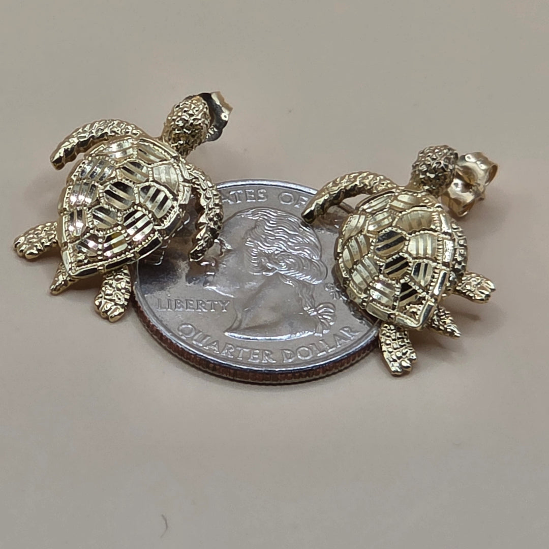 14K Gold Articulating Sea Turtle Hanging Stud Earrings