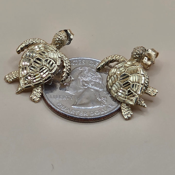 14K Gold Articulating Sea Turtle Hanging Stud Earrings