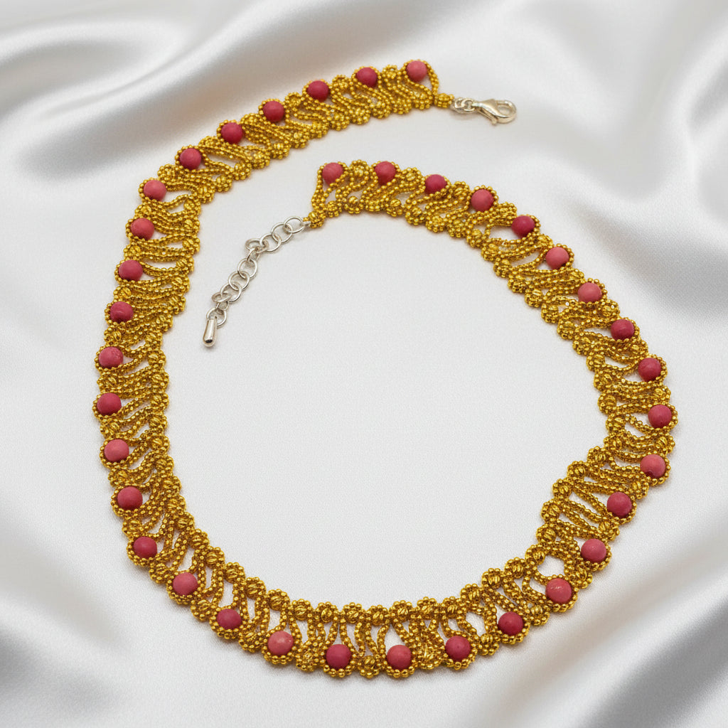 18K Gold and Coral Bead Ethnic African Bib Necklace