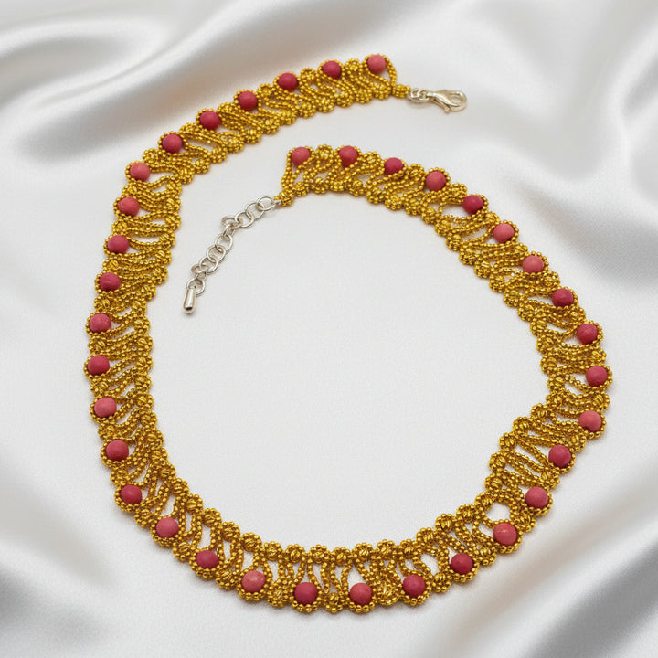 18K Gold and Coral Bead Ethnic African Bib Necklace