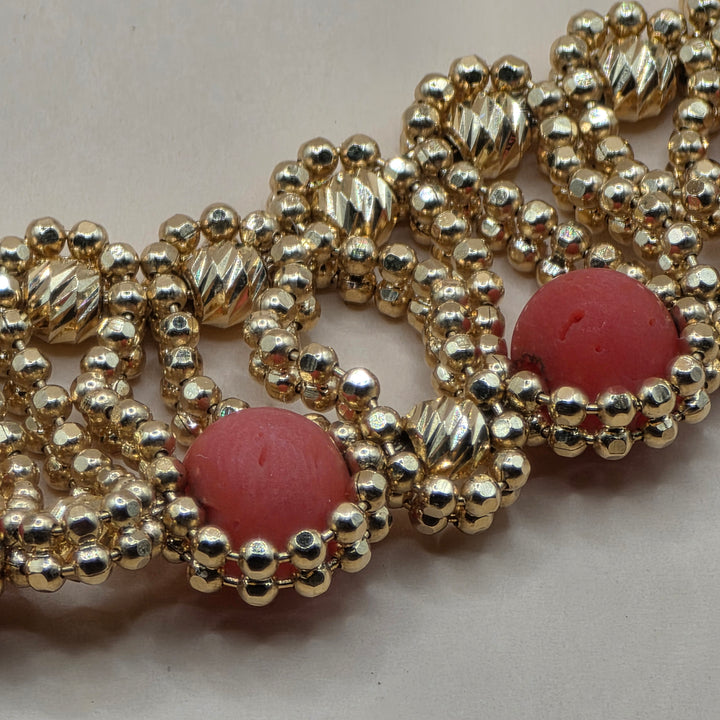 18K Gold and Coral Bead Ethnic African Bib Necklace