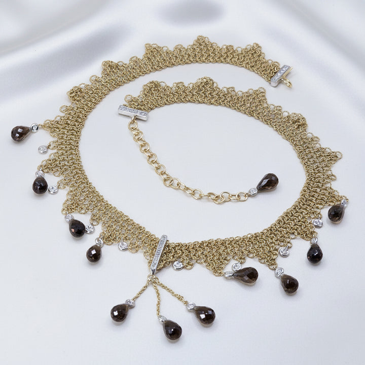 18K Gold, Smokey Topaz & Diamond Ethnic African Chandelier Necklace