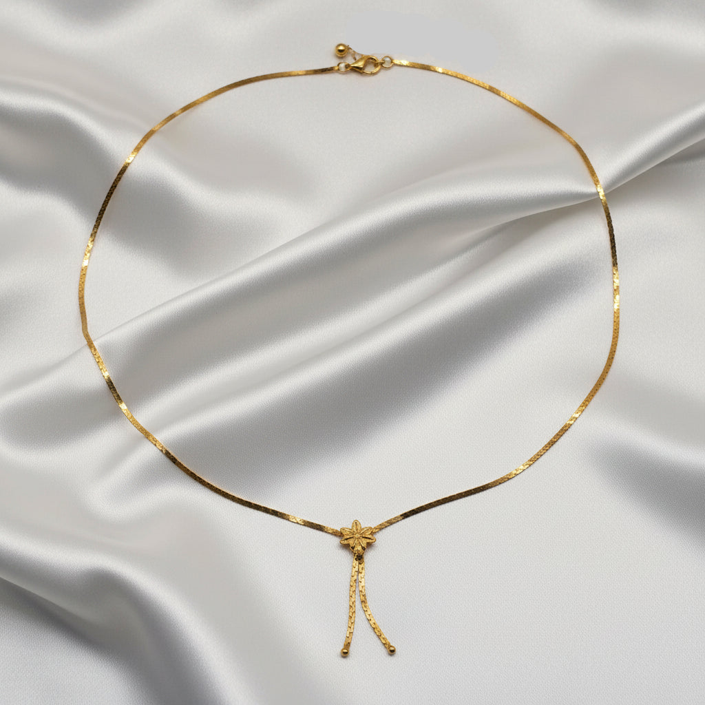 14K Gold Tassel Fixed Hibiscus Leaf Necklace