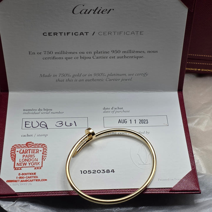 Authentic Cartier 18K Gold Juste un Clou Bracelet w Box & Papers