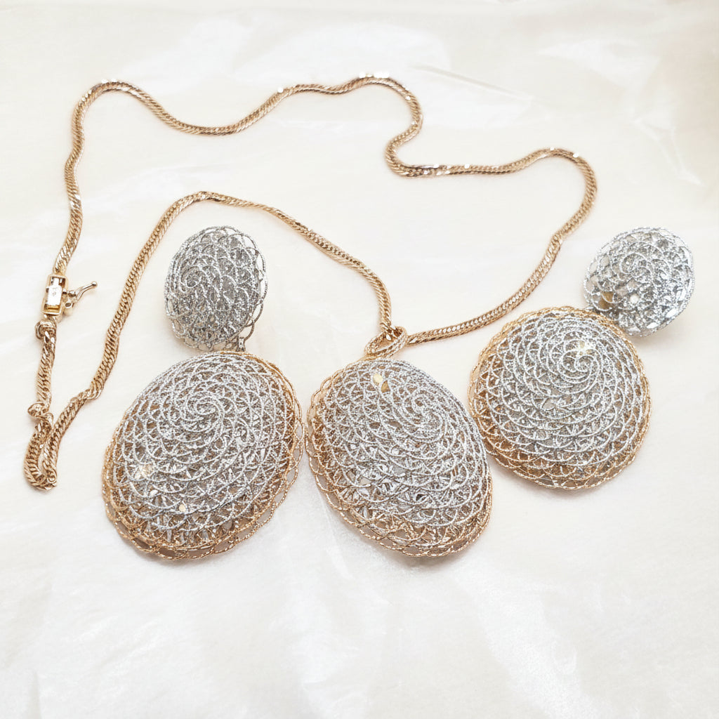 18K 2-Tone Gold African Ethnic Woven Filigree Earrings & Necklace Set