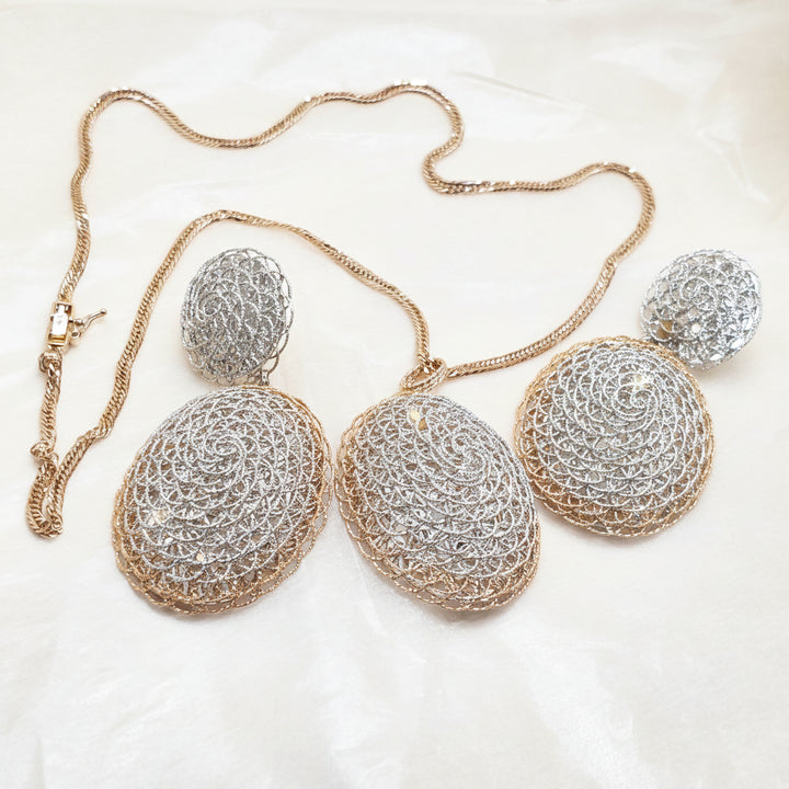 18K 2-Tone Gold African Ethnic Woven Filigree Earrings & Necklace Set
