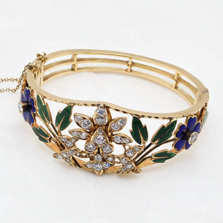 18K Gold, Diamond & Enamel Floral Statement Bracelet