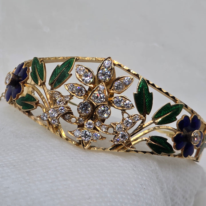 18K Gold, Diamond & Enamel Floral Statement Bracelet