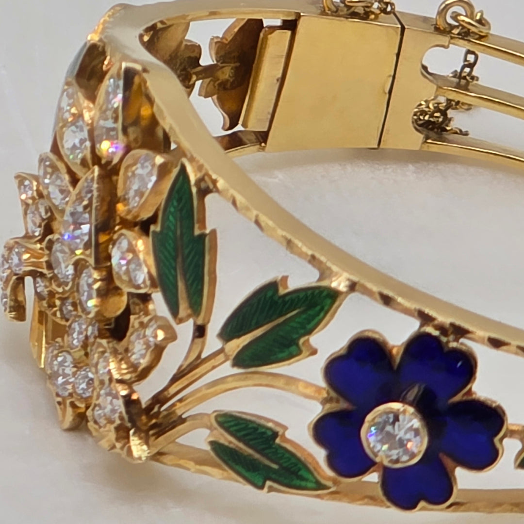 18K Gold, Diamond & Enamel Floral Statement Bracelet