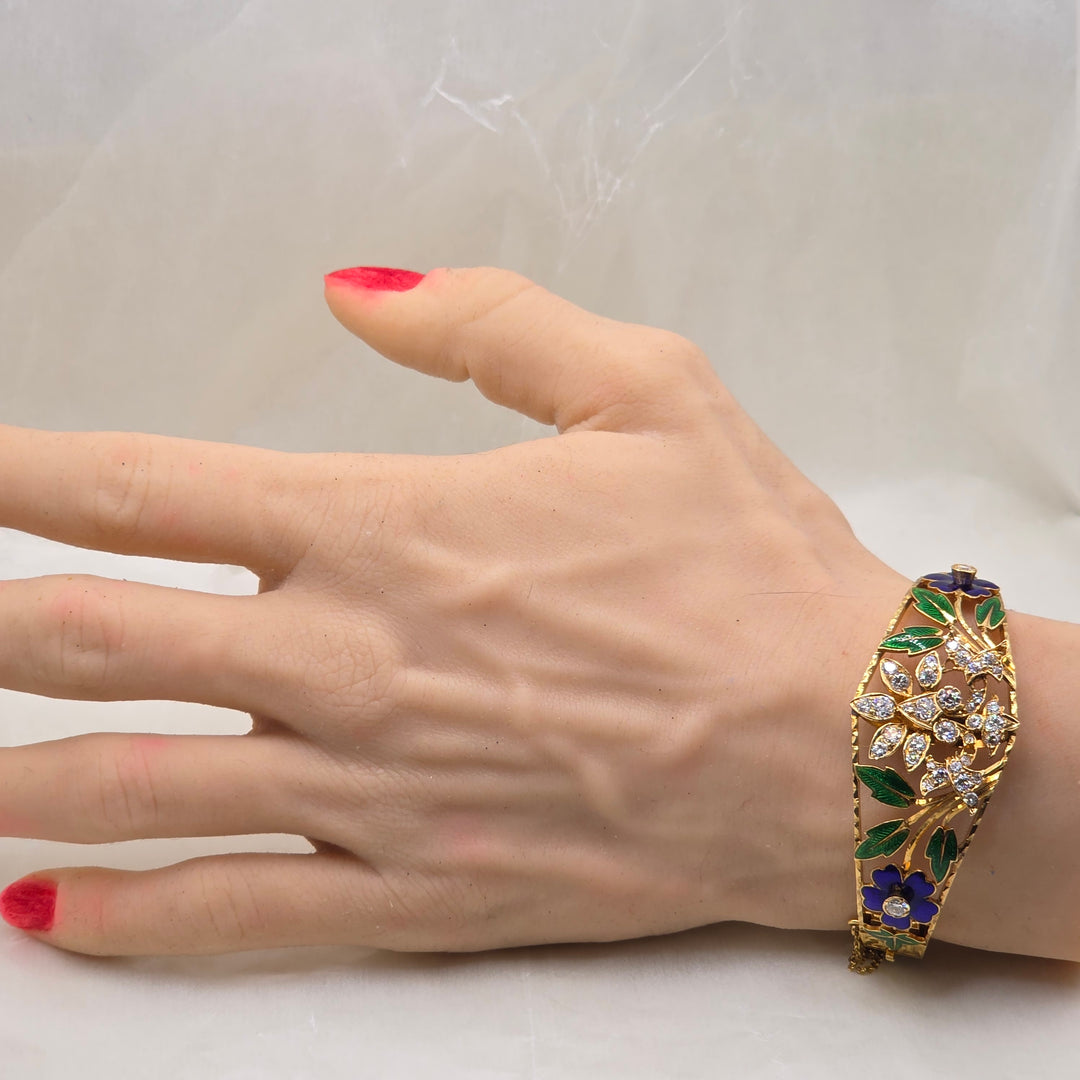 18K Gold, Diamond & Enamel Floral Statement Bracelet