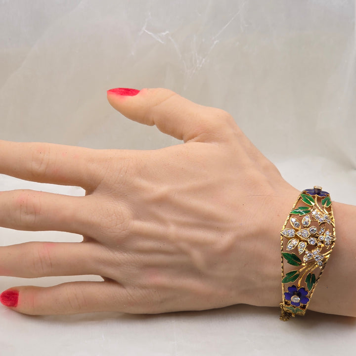 18K Gold, Diamond & Enamel Floral Statement Bracelet