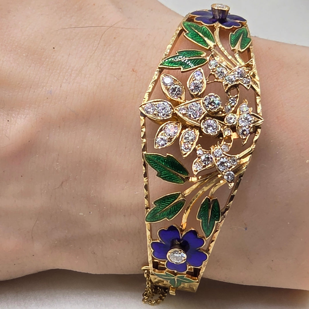 18K Gold, Diamond & Enamel Floral Statement Bracelet