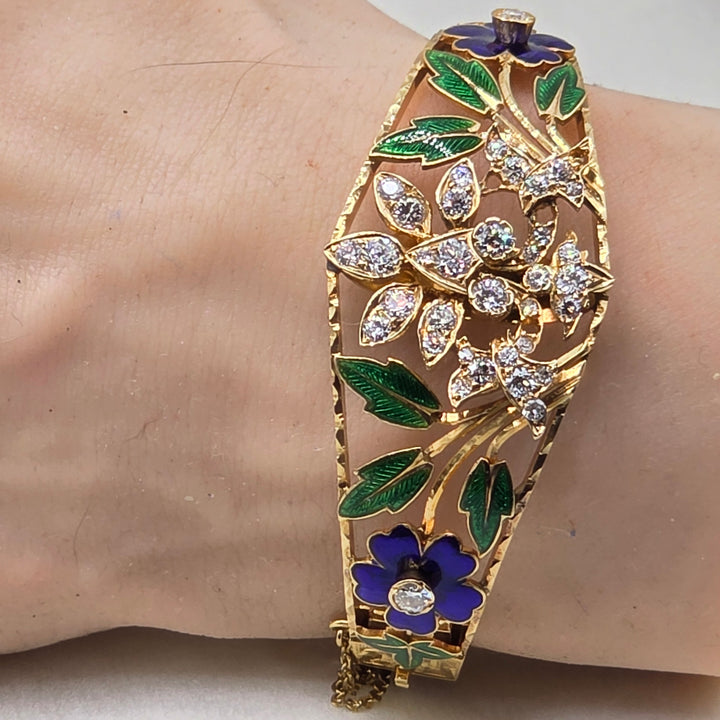 18K Gold, Diamond & Enamel Floral Statement Bracelet