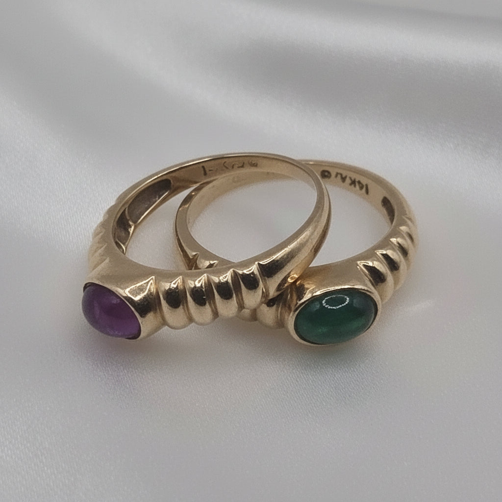 14K Gold & Cabochon Gemstone Ribbed 2-RIng Stack