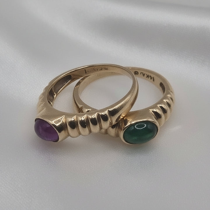 14K Gold & Cabochon Gemstone Ribbed 2-RIng Stack