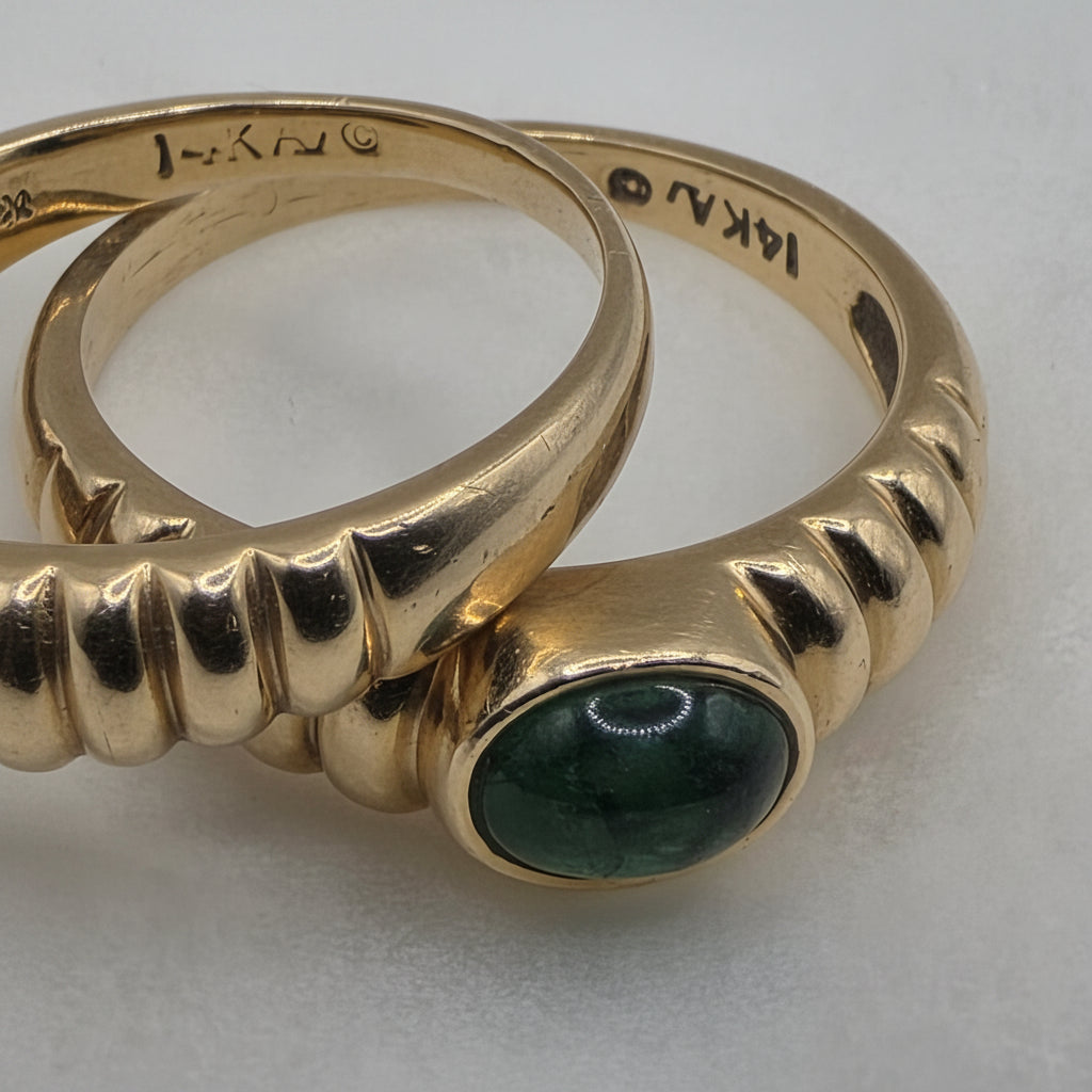 14K Gold & Cabochon Gemstone Ribbed 2-RIng Stack
