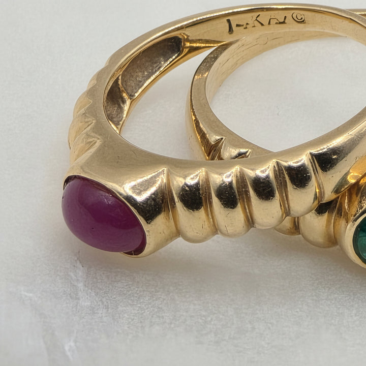 14K Gold & Cabochon Gemstone Ribbed 2-RIng Stack