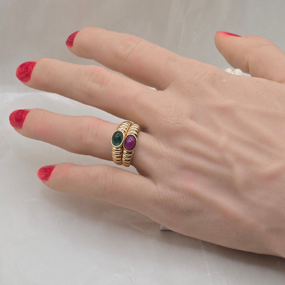 14K Gold & Cabochon Gemstone Ribbed 2-RIng Stack
