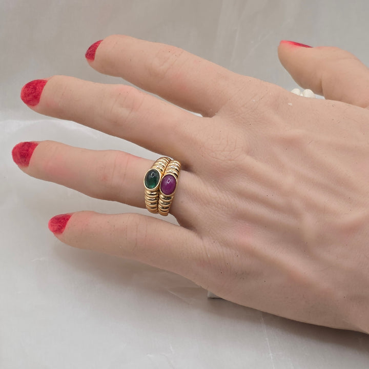 14K Gold & Cabochon Gemstone Ribbed 2-RIng Stack