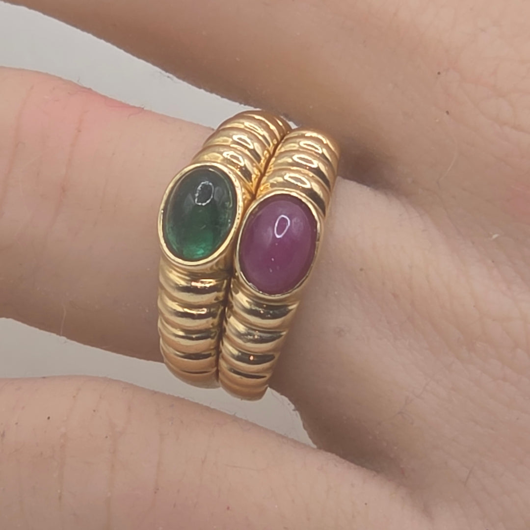 14K Gold & Cabochon Gemstone Ribbed 2-RIng Stack